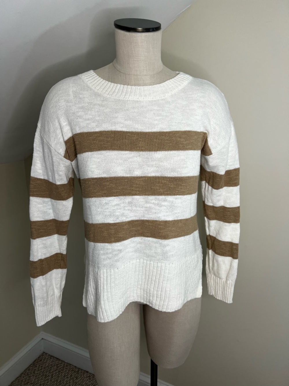 Martha Stewart Cream and Tan Striped Crewneck Sweater